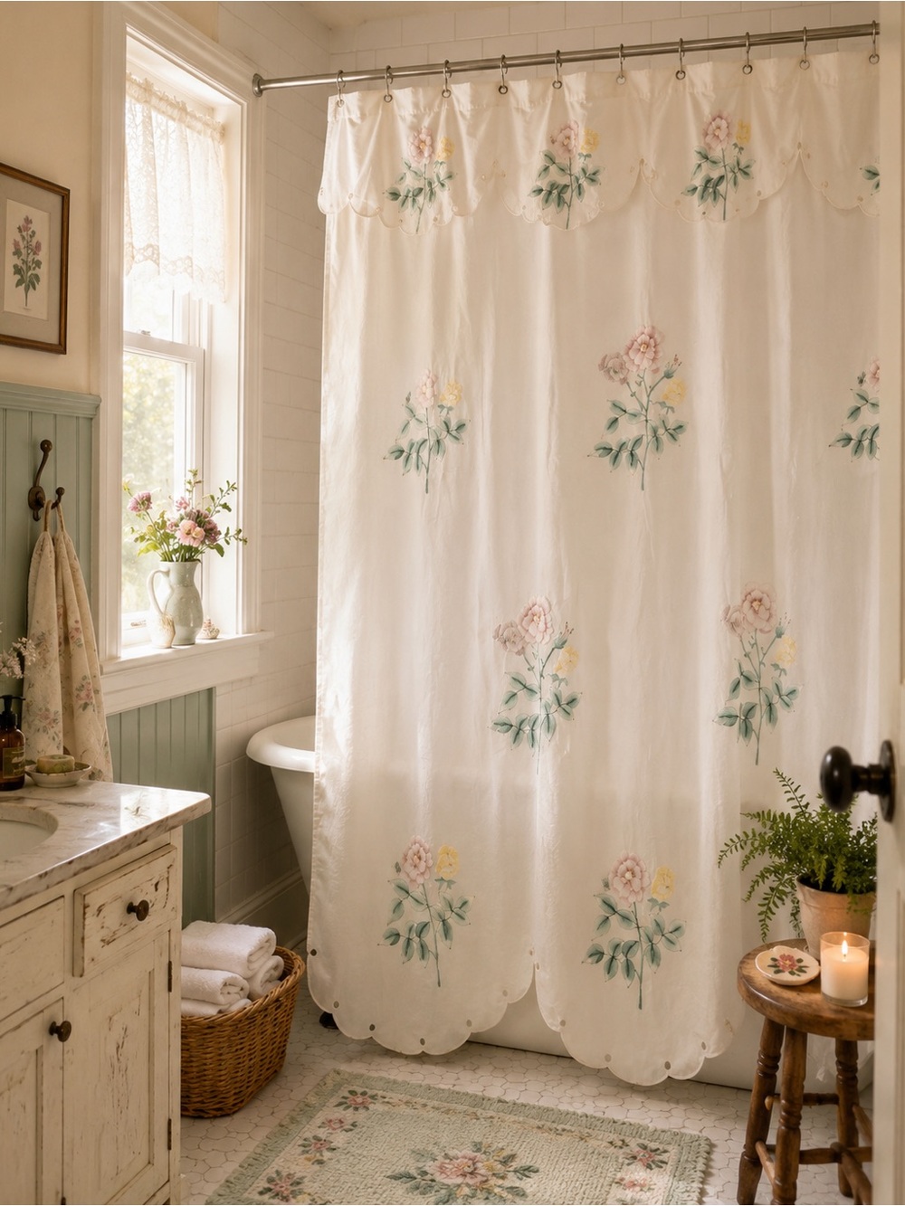 VTG Floral Embroidered White Shower Battenburg Lace Curtain Sweet 3D flowers!